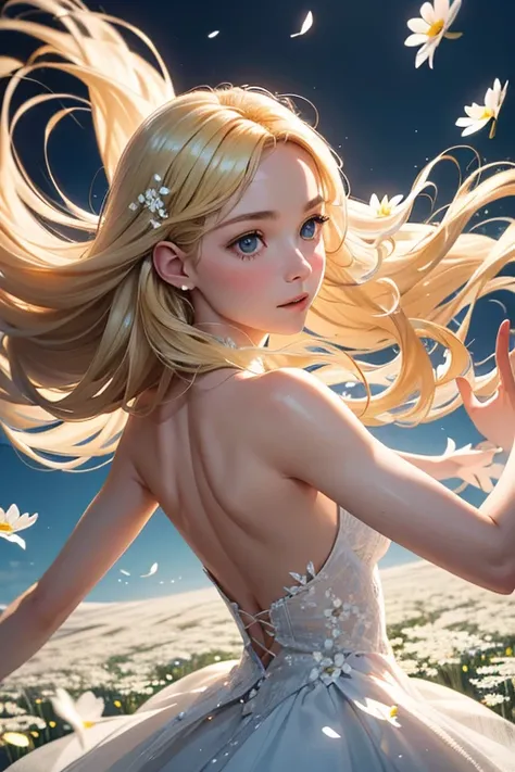 a spirit whose being is made of thousands of small white flowers, She is flying with her hands outstretched as flowers fall from her and her blonde hair waves, and behind her there is a luminous background