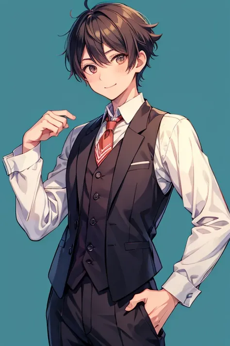 anime boy with short hair wearing a vest and tie, a character portrait inspired by Hisui Sugiura, trending on pixiv, shin hanga, anime handsome man, sakimi chan, kousuke oono, young anime man, taisho roman, male anime character, smileing nright, yosuke uen...