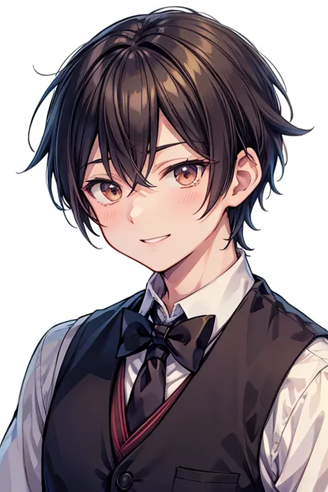 anime boy with short hair wearing a vest and tie, a character portrait inspired by Hisui Sugiura, trending on pixiv, shin hanga, anime handsome man, sakimi chan, kousuke oono, young anime man, taisho roman, male anime character, smileing nright, yosuke uen...