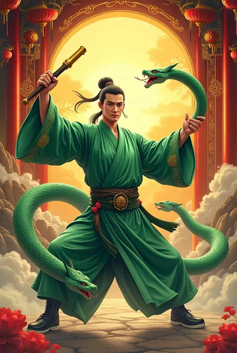 A Chinese martial arts master wields two green snakes as nunchucks,The background is gorgeous and splendid, full of gold and jewels, and represents happiness, prosperity, and longevity., Poster Style