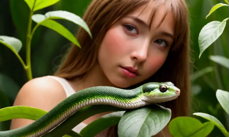 a tiny green snake coiled around a plant stem, leaning in to strike a snail crawling on a leaf, 1girl, snail, vore, detailed, high-quality, hyper-realistic, 4k, 8k, photorealistic, masterpiece, dramatic lighting, intricate details, vibrant colors, lush fol...