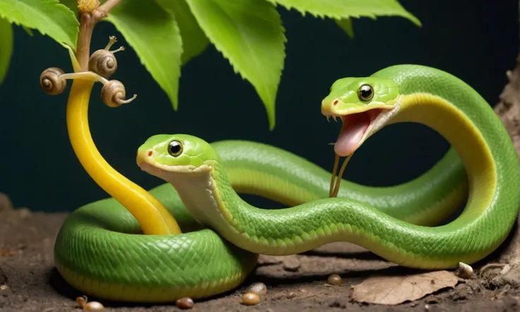 A tiny green snake is hunting a snail, the snake is curled around the stem leaning in to strike the snail which is absently crawling along a leaf, feminize scene, lesbian nature, vore
