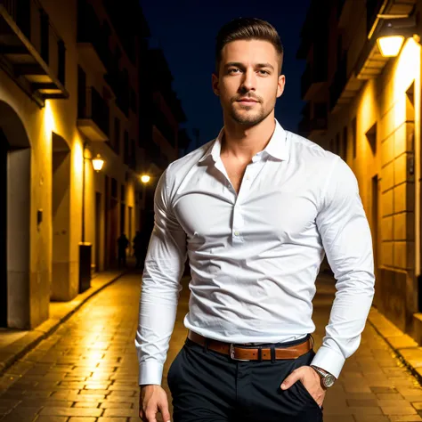 1man, A full body shot of a charismatic male fitness model, 30 years old，small beard, Sexy and charming expression，gloomy eyes，Blue eyes, captured walking in a Barcelona street at night, wearing a fitted long-sleeve white shirt, natural night lighting, cin...