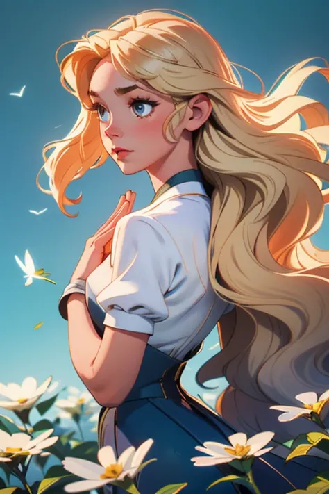 a spirit whose BODY is made of THOUSANDS of small white flowers, She is flying with her hands outstretched as flowers fall from her and her long blonde hair waves., and behind her there is a luminous background