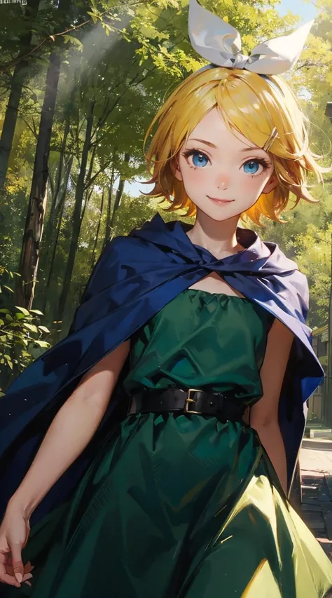 A cartoon of girl,master piece,high quality,yellow hair,blue eyes,kagamine rin,green dress,blue cape,in front of forest,smile, sunlight,