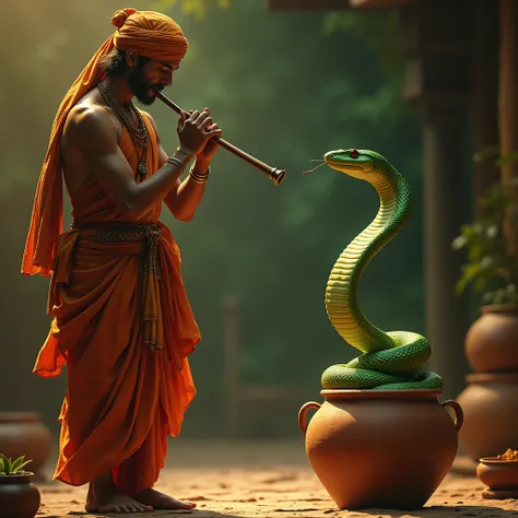 A snake charmer playing a flute, beautiful green snake emerging from a clay pot, detailed intricate patterns on the snakes scales, warm lighting, rich colors, cinematic composition, photorealistic, 8k, (best quality,4k,8k,highres,masterpiece:1.2),ultra-det...