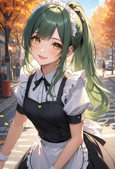 (beautiful and detailed), solo:2, (beautiful delicate ponytail) (beautiful green hair, long hair) (cute fighter girl is 15 yo), (best cute yellow eyes) (best love smile), (best beautiful makeup-face, glossy lip), break, in a cute maid uniform, break, (in t...