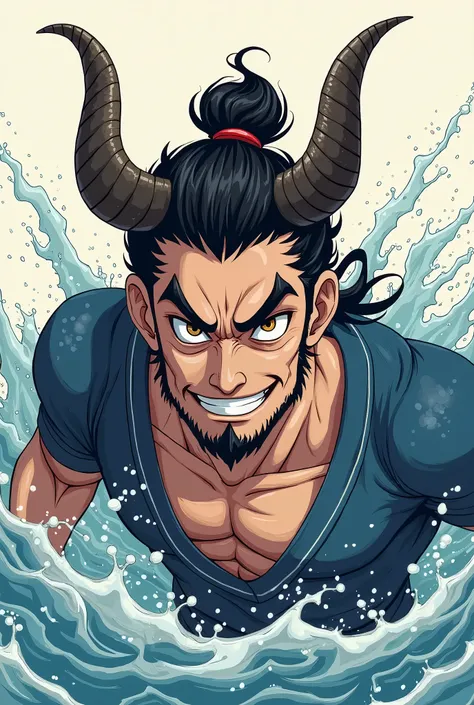 character, man, horns de samurai, anime, water splash, funny smile and challenging expression with thick eyebrows and deep colored eyes 