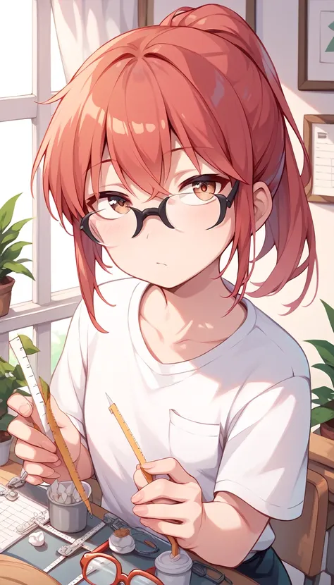 kobayashi, glasses, bright red hair that is always tied in a ponytail with loose bangs, hazel eyes, measurements are: b70/w60/h7...