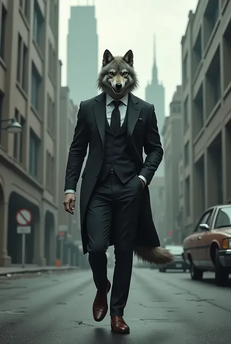 wolf in a man body with classic clothes in a empty city