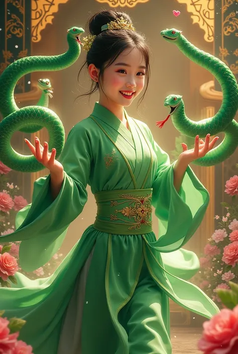 中国拳法の達人の少女が緑の服を着て満面の笑みで2匹のGreen Snakeを激しく振り回す,A woman in a white kimono is watching from behind,The background is gorgeous and splendid, full of gold and jewels, and represents happiness, prosperity, and longevity., Flowers bloom in abundance, expressing d...