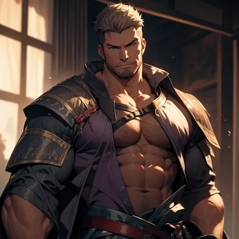 strong middle-aged samurai, alpha male, fat muscles, very detailed face, detailed eyes, majestic lord, , no clothes on, there is...