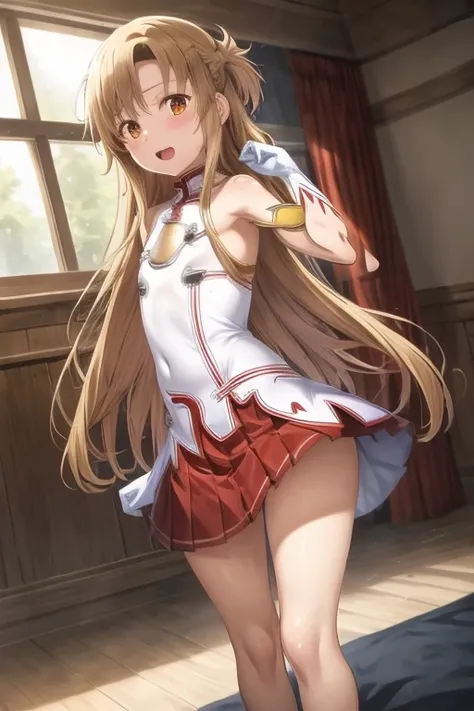 ((Best Quality)), ((masterpiece)), (be familiar with), Perfect Face, indoor, bedroom, Watching the audience,
One woman, Yuuki Asuna,
Open Mouth, Ecstatic expression, blush, smile,
Small breasts, Flat Chest, , , child, Girl,
Long Hair, Long Hair,
Leg spread...