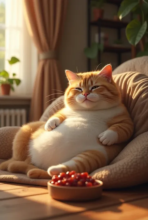 A lifelike cat with a fat and happy face in a warm house with a bowl of raw food.