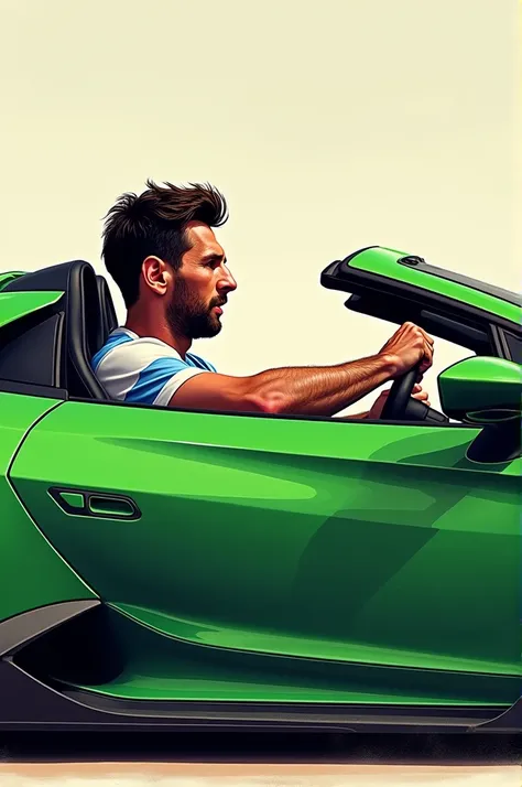 Drawing of Lionel Messi driving a green Lamborghini Venom  (that the drawing is only of a profile)