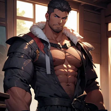 Strong middle-aged samurai, alpha male, Fat muscles, Very detailed face, Detailed eyes, majestic, No clothes on, There is a delicate belt around the waist, muscular chest, Gaze at the viewer, momentum, Bright purple eyes, short hair, comb your hair to one ...