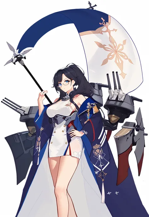 masterpiece, best quality, beautiful thigh, beautiful skin, extremely delicate and beautiful, 1girl, simple background, ((EagleNavy, azur lane, batl, rigging, turret, cannon, epicrigging)), black hair, ponytail, blue eyes, long hair, curvy, hot, breasts, s...