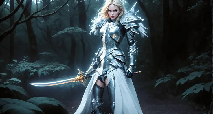 blond woman,megan fox look,  in armor with sword in forest with trees, of a beautiful female knight, beautiful female knight, dr...