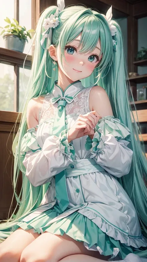 (masterpiece、Best Quality、super high quality、Beautiful and beautiful:1.2)、(Mint green twin-tailed baby、Cute pose)、Smile、(theme:Gentle white and mint green&Hatsune Miku is overflowing)、Adult Suit、Lace ribbon、Rich details、Warm atmosphere、Dreamlike compositio...