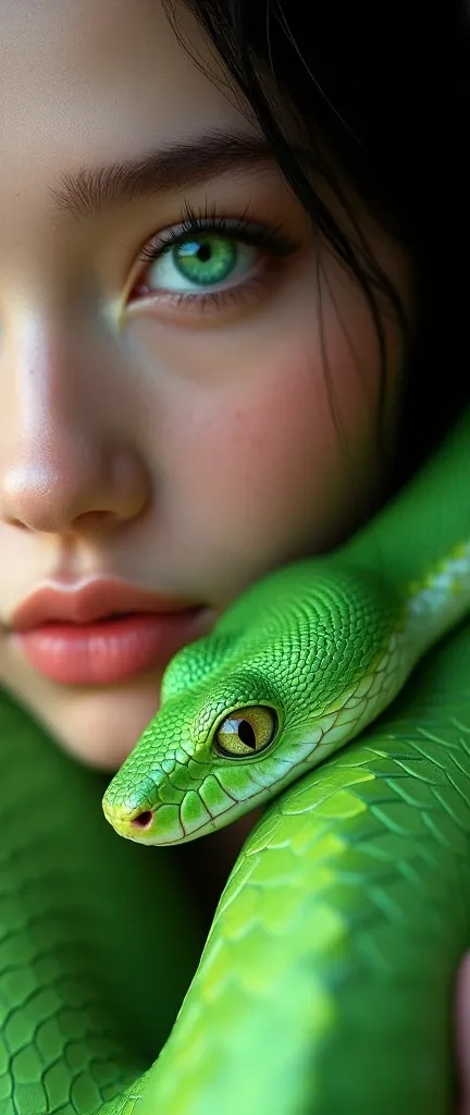 a green snake, beautiful detailed eyes, beautiful detailed lips, extremely detailed eyes and face, long eyelashes, girl holding a green snake, photorealistic, 4k, 8k, highres, masterpiece:1.2, ultra-detailed, realistic, photo-realistic:1.37, hyperrealistic...