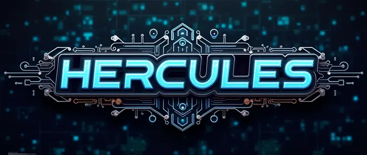 A logo written HERCULES in a futuristic and detailed font with circuits coming out of the letters and the background of the image constructed by geometric pieces 