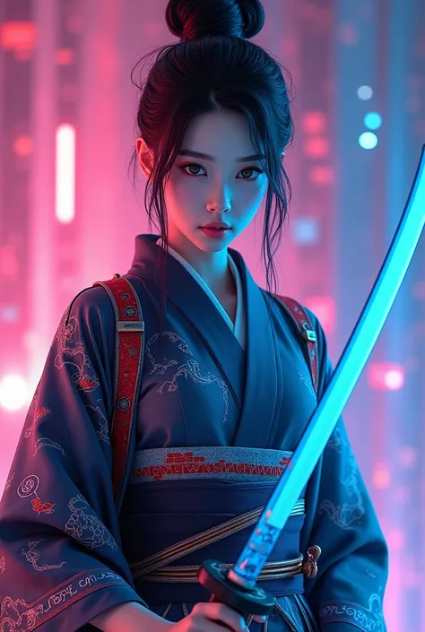 A hyperdigital image of an elegant and delicate Japanese female samurai wearing a combination of a kimono and armor and wielding a gleaming blue katana; she is a virtual samurai idol in a digitized world of vibrant neon colors with a background of complex ...