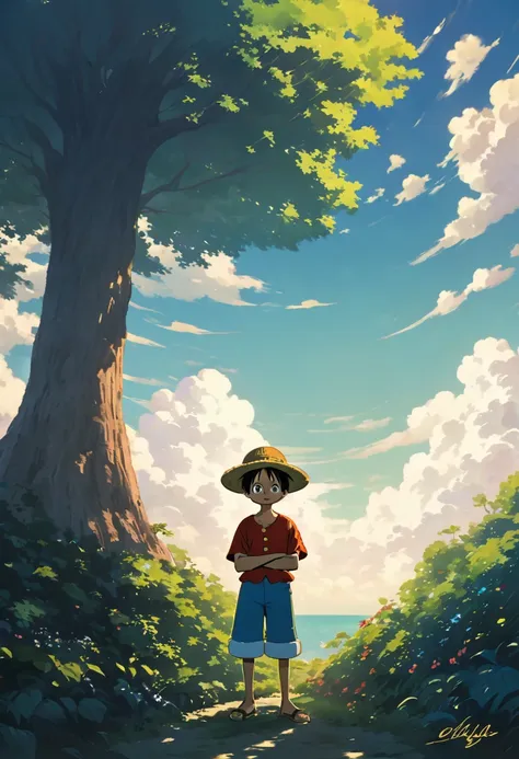 create an image of luffy from one piece in the art style of studio ghibli, similar to anime from the 1990s. luffy is standing ne...