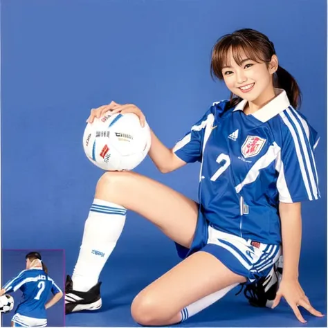 Image of a woman in her 50s wearing a blue uniform and holding a soccer ball, Wearing a soccer jersey, Japan in the 1990s, a, Retro 90s Japanese, Beautiful Skin、White socks、Cute Smile、High image quality、