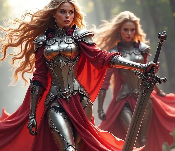 blond woman,megan fox look,  in armor with sword in forest with trees, of a beautiful female knight, beautiful female knight, dressed in light armor, fantasy paladin woman, girl in knight armor, with sleek silver armor, female knight, gorgeous female palad...