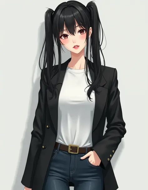 Japanese、woman、thin、Short、Long black hair、Beauty、Plain white T-shirt、Black jacket、Black skinny jeans、Leather boots、Red lips、Twin tails, 32k