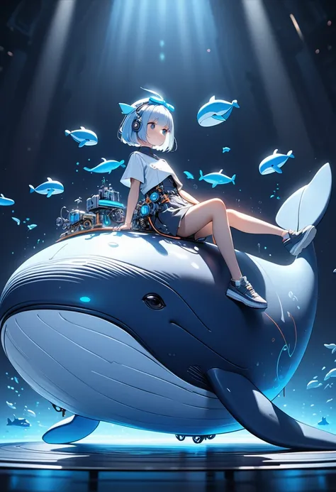 A girl goes on an adventure in a fantasy world aboard a small robotic flying whale.、One girl is an android and looks cute.Fluffy light blue short hair,A mechanical body with a cute whale decoration on the head、A whale is a cute little thing, Comical and fr...