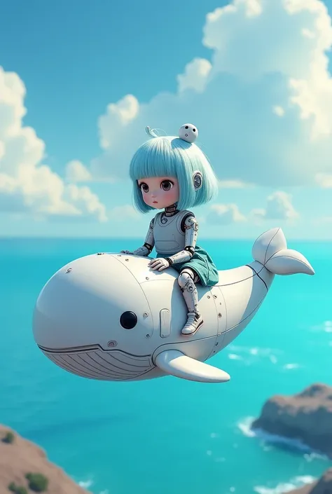 一人の少女がFantasyの世界でロボットの小さな空飛ぶクジラに乗って冒険に出かける、One girl is an android and looks cute.Fluffy light blue short hair,A mechanical body with a cute whale decoration on the head、A whale is a cute little thing, Comical and friendly appearance、Accurate whale-shaped r...