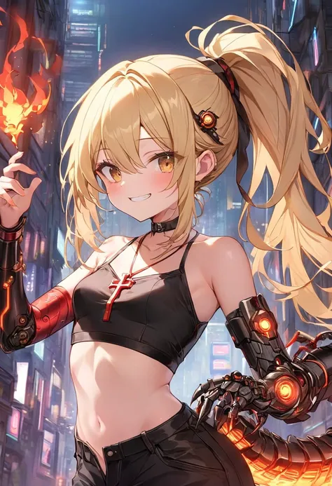 (uncensored), score_9, score_8_up, score_7_up,source_anime, high quality, exceptional, best quality, perfect hand, 1 girl, (solo), looking at viewer, detailed face, detailed eyes, grin, ((red fire)), (((ponytail))), (dark), ((white and black designed crop ...