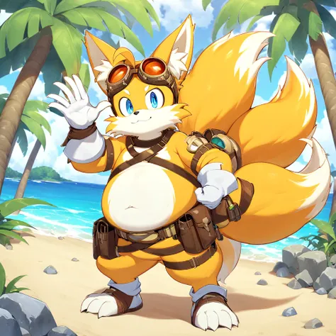 fat tails_boom, solo, fat body, blue eyes, gloves, 1boy, animal ears, male focus, white gloves, fox ears, goggles, multiple tail...