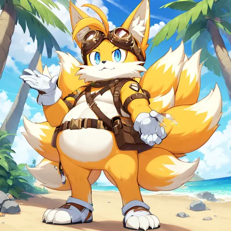 fat tails_boom, solo, fat body, blue eyes, gloves, 1boy, animal ears, male focus, white gloves, fox ears, goggles, multiple tails, furry, goggles on ,furry male, animal nose, fox boy,  ocean, forest, coast, sand, two tails, palm, palms, trees, stones