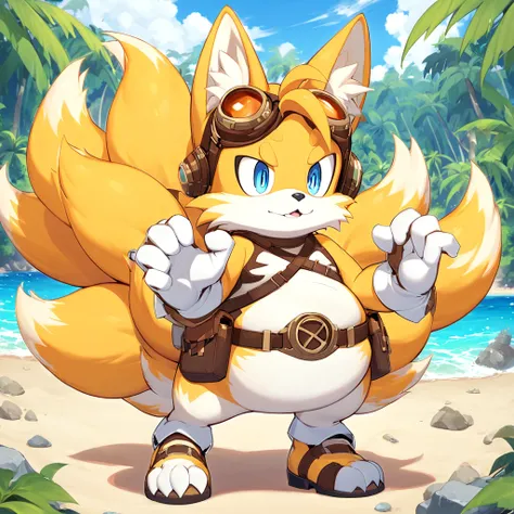 fat tails_boom, solo, fat body, blue eyes, gloves, 1boy, animal ears, male focus, white gloves, fox ears, goggles, multiple tails, furry, goggles on ,furry male, animal nose, fox boy,  ocean, forest, coast, sand, two tails, palm, palms, trees, stones