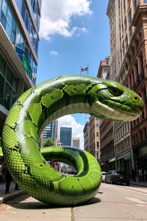 Green Snake. A giant green snake. A green Snake in the city.