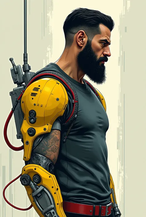 A cybernetic man seen in profile, with a fusion of flesh and exposed robotic components, including red and gray cables and circuits. His left shoulder is replaced by a large yellow mechanical prosthesis, contrasting with his dark skin and full beard. The s...