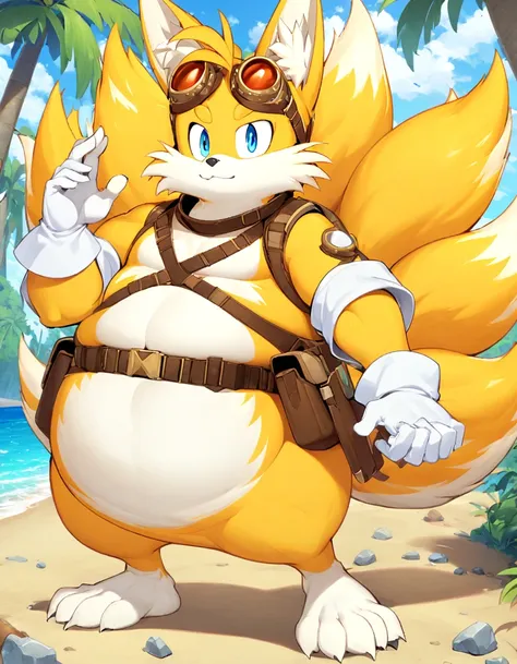 fat tails_boom, solo, fat body, blue eyes, gloves, 1boy, animal ears, male focus, white gloves, fox ears, goggles, multiple tail...