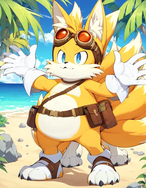 fat tails_boom, solo, fat body, blue eyes, gloves, 1boy, animal ears, male focus, white gloves, fox ears, goggles, multiple tail...