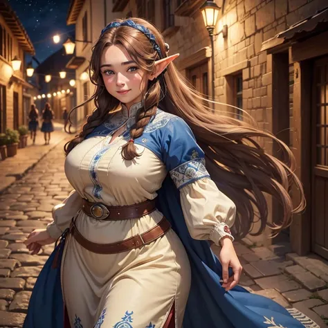 A beautiful village woman with a gentle smile, ((best quality))) (((HD))) (((8k))) (character) 20-year-old woman, ((adventurous)) elf, ((beautiful)), ((brown hair)) and ((very long hair)), braids and ponytail, voluptuous and chunky design, fit body, fully ...