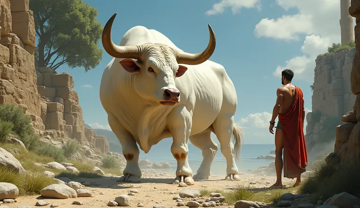 Create a hyper-realistic image of the Cretan Bull, depicted as a stunningly majestic white bull with a strong, muscular build. Its coat should gleam in the sunlight, highlighting its powerful physique. The bull’s large, curved horns should be elegantly dis...