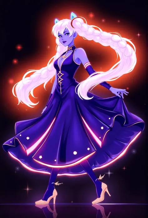 f4ck_41 of a woman with platinum blonde braids dressed in a purple satin gown with orange neon glows accentuating her figure and...