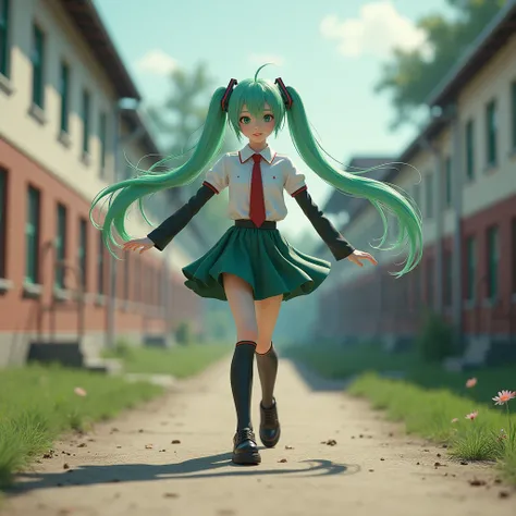 photorealistic, Miku Hatsune, beautiful girl with porcelain white skin, with green hair,  with a red pioneer tie, in a pioneer shirt and a short pioneer skirt, dancing against the backdrop of the Soviet children&#39;s camp &quot;Sovenok&quot;, full length,...