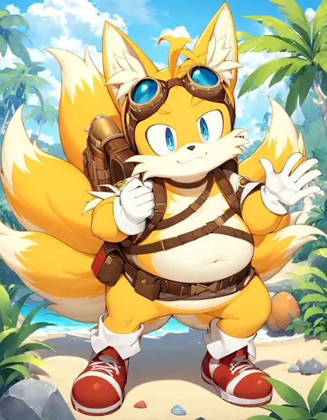 fat tails_boom, solo, fat body, blue eyes, gloves, 1boy, animal ears, male focus, white gloves, fox ears, two tails in back, gog...