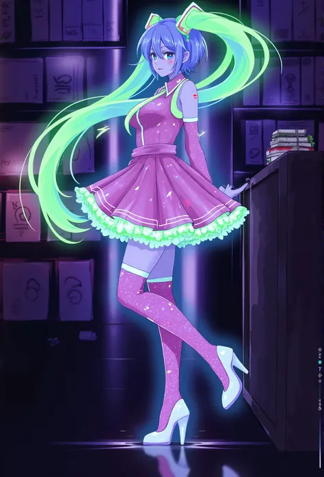 f4ck_41 of hatsune miku with short pastel blue hair, dressed in a pink frilly dress with green neon lights highlighting her curv...