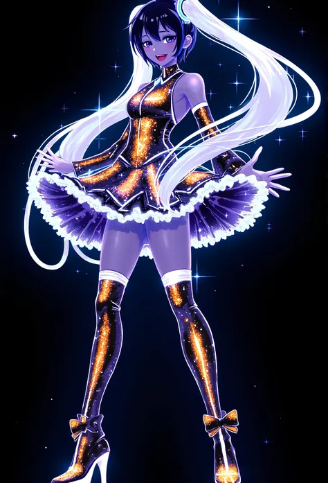 f4ck_41 of hatsune miku with long dark blue hair styled in a braid, wearing a golden jumpsuit with cyan neon glows accentuating ...