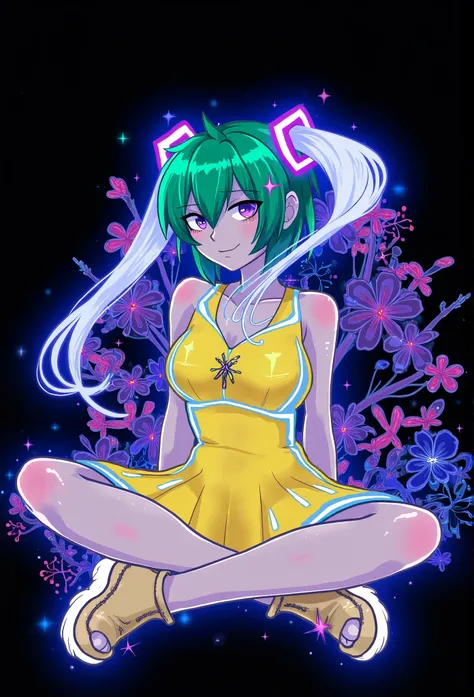 f4ck_41 of hatsune miku with shoulder-length green hair, wearing a yellow sundress with blue neon patterns lighting up her attir...