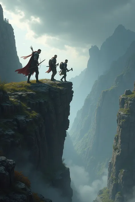 these 3 characters, a hunter warrior with a bow , a knight in light armor with a sword and shield,  a builder with an axe are walking on the edge of a rocky gorge. The sky is cloudy and gray. 