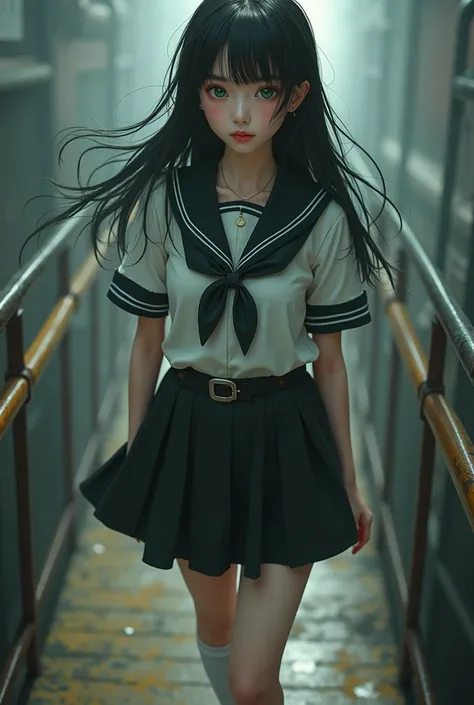 Masterpiece, highest quality, 1 girl, adult, long black hair, cute face (detailed face, detailed skin texture), green eyes, wearing short school uniforn, white socks, black shoes, standing on the platform, portrait from anime  (((woman))) cute-fine face, l...